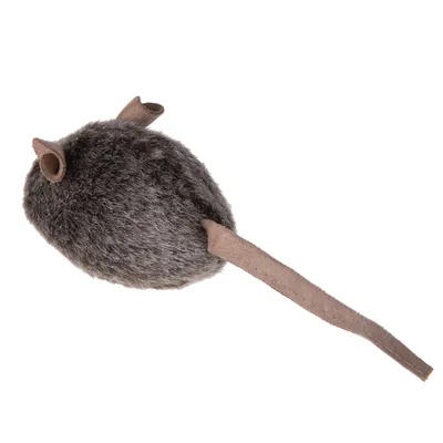 Plush mouse-shaped cat toy with grey faux fur body, brown felt ears and a long brown felt tail, shown on a white background.