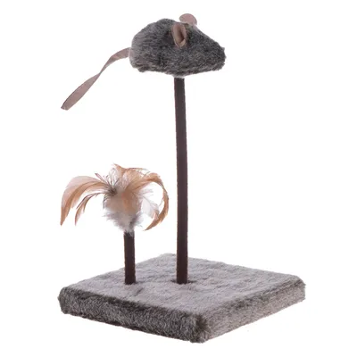 Cat toy with a grey faux fur mouse on a tall post and brown feathers on a shorter post, both attached to a square grey base covered in soft fabric.