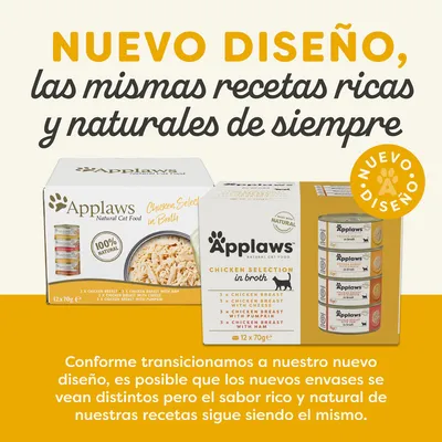 Applaws Natural Cat Food, nuevo diseño de envase. Texto: 'Nuevo diseño, las mismas recetas ricas y naturales de siempre'. Aviso sobre cambio de envase, mismo sabor y calidad.