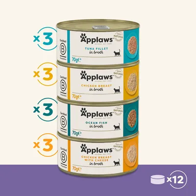 Applaws kattenvoer in bouillon, 12 blikken à 70g: 3x tonijnfilet, 3x kipfilet, 3x oceaanvis, 3x kipfilet met kaas. B Corporation gecertificeerd, 100% natuurlijk.