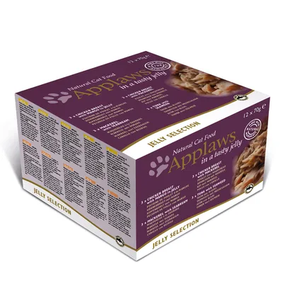 Applaws Natural Cat Food in a tasty jelly, Jelly Selection, 12 x 70 g. Synlige varianter: Chicken Breast with Mango, Chicken Breast with Mackerel, Mackerel with Seabream, Tuna with Seaweed.