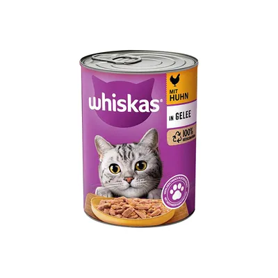 Whiskas konzerva za mačke s piščancem v želeju, 100% reciklirana embalaža, vijoličen dizajn z mačko in posodo za hrano.