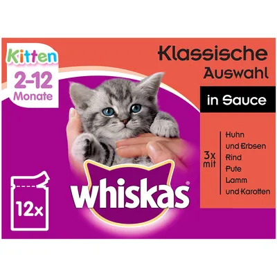 Whiskas Klasična ponuda u umaku za mačiće 2–12 mjeseci, 12x vrećica. Okusi: piletina i grašak, govedina, puretina, janjetina i mrkva. Tekst na njemačkom jeziku.