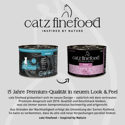 catz finefood Schaf im neuen und alten Verpackungsdesign. Hinweis: Umstellung auf neues Design, Qualität bleibt unverändert hochwertig. Beide Dosen können parallel erhältlich sein. catz finefood Schaf im neuen und alten Verpackungsdesign. Hinweis: Umstellung auf neues Design, Qualität bleibt unverändert hochwertig. Beide Dosen können parallel erhältlich sein.