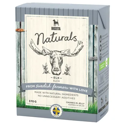 Упаковка Bozita Naturals Elk 370 г; надписи: made with natural ingredients, no unnecessary additives, chunks in jelly, from Swedish farmers with love, made in Sweden.