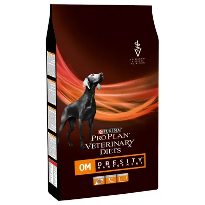 Purina Pro Plan Veterinary Diets OM Obesity Management hundfoder, svart förpackning med bild på hund och texten 'Veterinary Clinical Nutrition'.