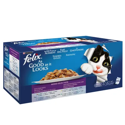 Felix As Good as it Looks Mixed Selection kattenvoer, 44 porties. Smaken: rund, kip, zalm, tonijn. Elke Dag Feest, 100% compleet, Purina merk zichtbaar op verpakking.