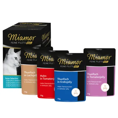 Miamor Feine Filets Mini. Feine Selection: tuńczyk w galaretce z łososia, kurczak w galaretce pomidorowej, tuńczyk w galaretce z kraba, tuńczyk w galaretce pomidorowej. Saszetki 50g w galaretce.
