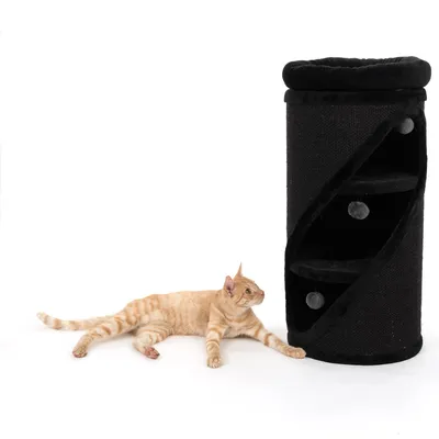 Schwarzer Kratzbaum in Zylinderform mit drei Ebenen und Spielbällen. Eine orangefarbene Katze liegt daneben.