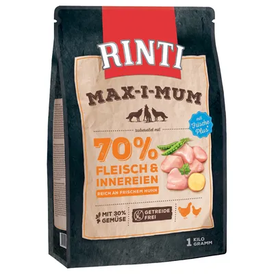 Упаковка Rinti Max-i-mum: 70% Fleisch & Innereien, reich an frischem Huhn, mit 30% Gemüse, getreidefrei, 1 килограмм. Видны кусочки мяса, горох и морковь на упаковке.