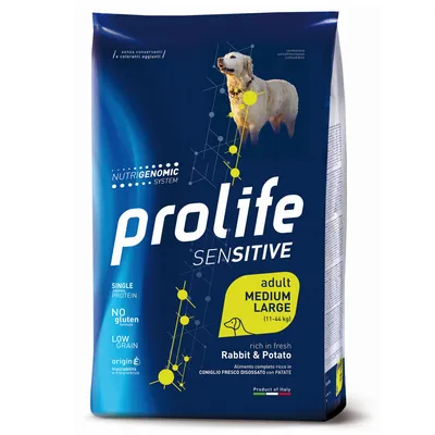 Prolife Sensitive alimento para perros adultos, medianos y grandes (11-44 kg), rico en conejo fresco y patatas. Sin gluten, bajo en cereales, producto de Italia.