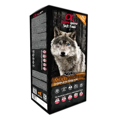 Alpha Spirit Soft Food Multi-Protein, Complete Food for Dogs. Verpackung mit Wolfmotiv und Symbolen für getreidefrei, glutenfrei, ohne Fleischmehl, hergestellt in Spanien.