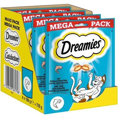 Dreamies Mega Pack cu aromă gustoasă de somon, 4 x 180 g = 720 g. Ambalajul prezintă o pisică jucăușă și imaginea produsului.