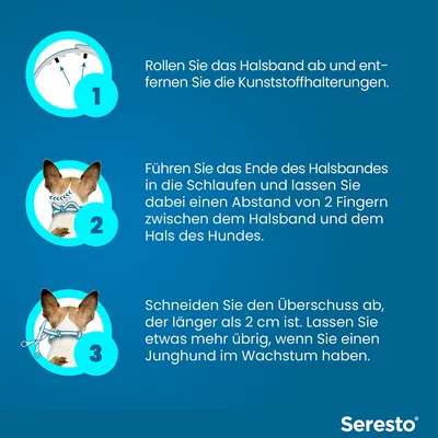 Anleitung zur Anwendung des Seresto-Halsbands: 1. Halsband abrollen und Kunststoffhalterungen entfernen. 2. Abstand von 2 Fingern zwischen Halsband und Hundehals lassen. 3. Überschuss abschneiden.