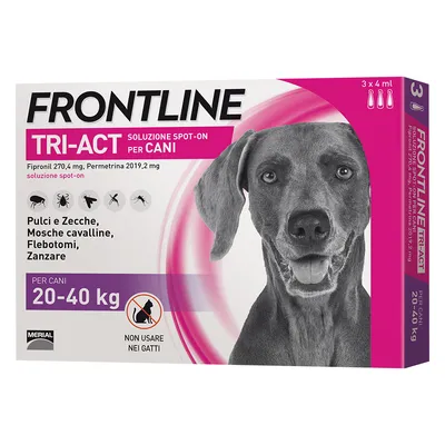 Frontline Tri-Act soluzione spot-on per cani 20–40 kg, 3 x 4 ml. Pulci e zecche, mosche cavalline, flebotomi, zanzare. Non usare nei gatti. Fipronil 270,4 mg, permetrina 2019,2 mg.
