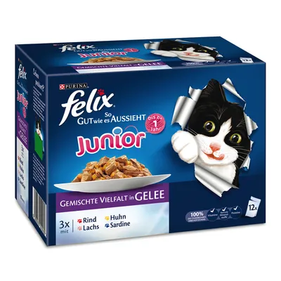 Purina Felix Junior kattenvoer in gelei, gemengde variëteit: rund, kip, zalm, sardine. Voor kittens tot 1 jaar. Verpakking met 12 porties, zichtbaar merk en productnaam.
