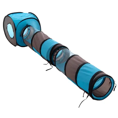 Spielzeug-Tunnel aus blauem und braunem Stoff mit Netzfenstern, bestehend aus einem Würfel und einem langen Tunnel.