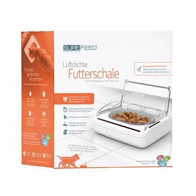 SureFeed luftdichte Futterschale mit bewegungsgesteuertem Deckel. Verhindert Austrocknen von Nassfutter, hält Futter länger frisch und reduziert unangenehme Gerüche. Für Katzen und kleine Hunde.