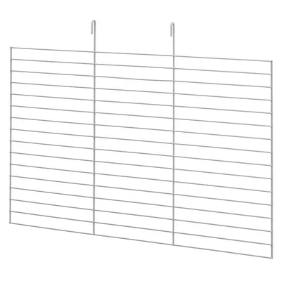 Grille rectangulaire en métal avec 2 crochets de suspension, composée de tiges horizontales et verticales espacées régulièrement.