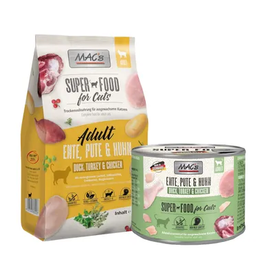 MAC's Super Food for Cats Adult, anka, kalkon och kyckling. Torr- och våtfoder för vuxna katter. Spannmålsfritt, med örter, vitaminer och tranbär.