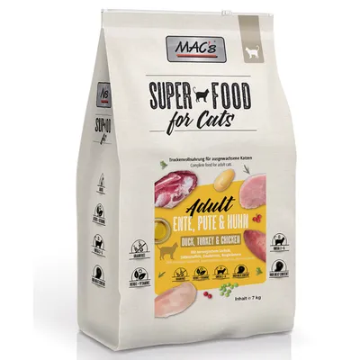 MAC's Super Food for Cats Adult, croquettes pour chats, saveurs canard, dinde et poulet, sac de 7 kg. Texte visible en anglais et allemand sur l'emballage.