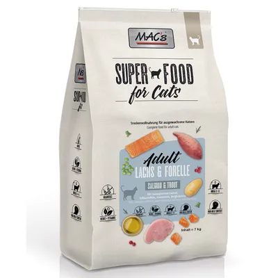 MAC's Super Food for Cats, kuivaruoka aikuisille kissoille, maku Adult lohi & taimen, norjalaisella lohella, bataatilla, karpaloilla ja vuoriyrteillä. Sisältö: 7 kg.