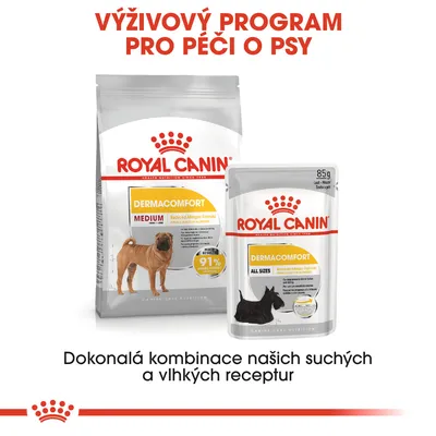 ROYAL CANIN DERMACOMFORT MEDIUM a ALL SIZES, balení suchého a vlhkého krmiva pro psy. Text: Výživový program pro péči o psy. Dokonalá kombinace našich suchých a vlhkých receptur.