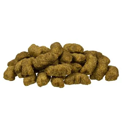 Bruine brokjes droogvoer, ovaal van vorm, op een witte achtergrond. Merk- of productnaam niet zichtbaar.
