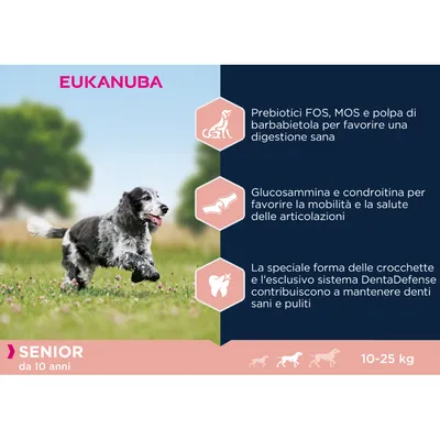 EUKANUBA Senior da 10 anni, 10–25 kg. Prebiotici FOS, MOS e polpa di barbabietola per digestione sana, glucosammina e condroitina per articolazioni, sistema DentaDefense per denti sani.