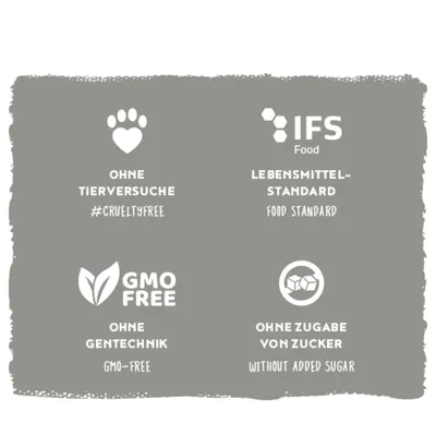 Ohne Tierversuche #crueltyfree, IFS Food Lebensmittel-Standard, ohne Gentechnik GMO-free, ohne Zugabe von Zucker without added sugar. Ohne Tierversuche #crueltyfree, IFS Food Lebensmittel-Standard, ohne Gentechnik GMO-free, ohne Zugabe von Zucker without added sugar.