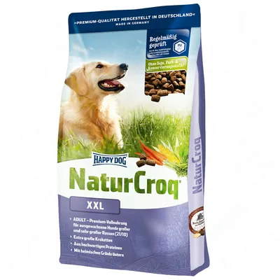 Happy Dog NaturCroq XXL kutyatáp csomagolás. Felirat: Ohne Soja, Farb- & Konservierungsstoffe!, ADULT, Extra große Kroketten, Aus hochwertigen Proteinen, Mit heimischen Grünkraeutern.