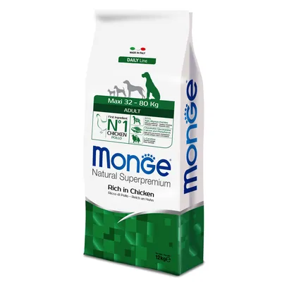 Monge Natural Superpremium Daily Line, Adult Maxi 32-80 kg, rico en pollo. Fabricado en Italia. Ingrediente principal nº 1: pollo. Contiene XOS, sulfato de condroitina, calcio y fósforo.