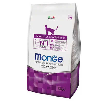 Sac Monge Natural Superpremium pour chat adulte >12 mois, 1,5 kg, premier ingrédient poulet, Rich in Chicken, fabriqué en Italie, informations nutritionnelles visibles sur l'emballage.