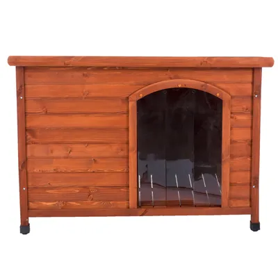 Caseta de madera para perros con entrada frontal arqueada y cortina transparente, patas elevadas y acabado en color madera natural. Caseta de madera para perros con entrada frontal arqueada y cortina transparente, patas elevadas y acabado en color madera natural.
