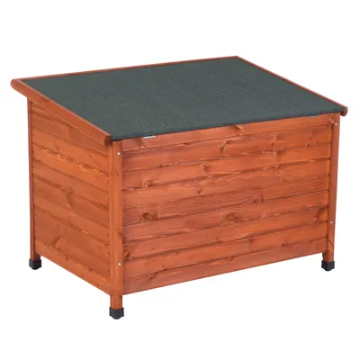 Caseta rectangular de madera con techo plano oscuro y patas cortas negras, sin marcas ni texto visible. Caseta rectangular de madera con techo plano oscuro y patas cortas negras, sin marcas ni texto visible.