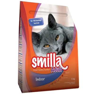 Smilla Adult Indoor kattenvoer, verpakking met afbeelding van grijze kat. Tekst: 'für Wohnungskatzen', 'Finest Healthy Nutrition', 4 kg.
