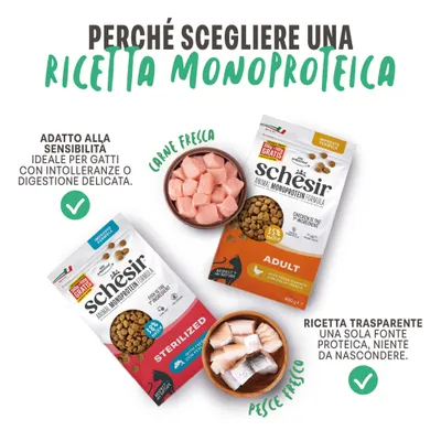 Schesir Monoprotein alimento per gatti: adatto in caso di intolleranze, ricetta trasparente con solo una fonte di proteine, varianti con carne fresca o pesce. Per adult e sterilized.