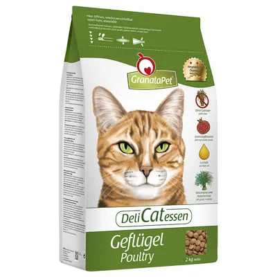 Корм для кошек GranataPet DeliCatessen Geflügel Poultry, 2 кг. Видны значки: без зерна, гранатовые семена, лососевое масло, кошачья мята и камыш. Изготовлено в Австрии.
