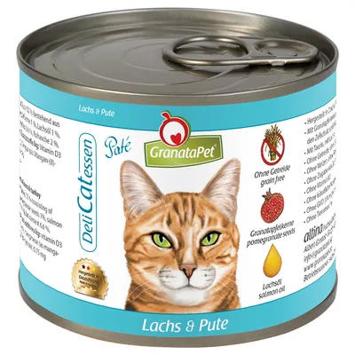 Konzerva GranataPet DeliCatessen Paté Lachs & Pute pre mačky, bez obilnín, s lososovým olejom a granátovými jadrami. Ilustrácia mačky na etikete.