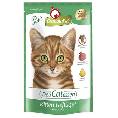 GranataPet DeliCatessen Paté Kitten πουλερικά. Χωρίς δημητριακά, με σπόρους ροδιού και λάδι σολομού. Παρασκευάζεται στη Γερμανία.