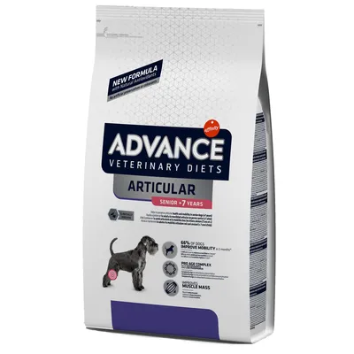 Advance Veterinary Diets Articular Senior +7 Years, opakowanie z psem, tekst: 66% of dogs improve mobility, pro age complex, improves muscle mass, new formula with natural antioxidants