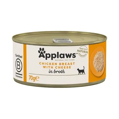 Applaws Natural Cat Food, Chicken Breast with Cheese in Broth, 70g. Certified B Corporation. Made with natural ingredients staat op het blik.