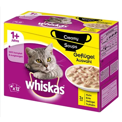 Whiskas Creamy Soups Geflügel Auswahl, 12× kapslí, pro kočky od 1 roku, 3× kuře, kachna, drůbež, krůta. Text: 100% komplett & ausgewogen. Obraz misky s krmivem a kočky.