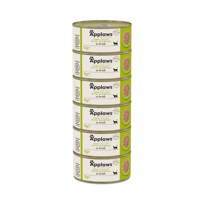 Applaws filete de atum com algas marinhas em caldo, latas de 70g, certificado B Corp, ingredientes naturais. Seis latas empilhadas visíveis.