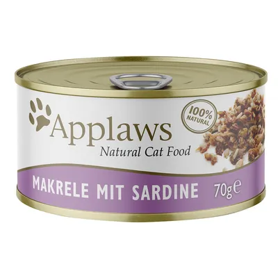 Konzerva Applaws Natural Cat Food, 100% Natural, MAKRELE MIT SARDINE, 70 g. Text v němčině.