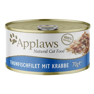 Konzerva Applaws Natural Cat Food, 100% Natural, Thunfischfilet mit Krabbe, 70 g. Na obalu je vidět směs tuňáka a kraba.