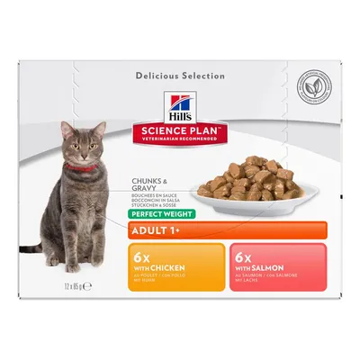 Hill's Science Plan Perfect Weight Adult 1+ паучове за котки, 12×85 г; 6 с пиле, 6 със сьомга. Изображение на котка и купа с хапки в сос. Видим текст: Chunks & Gravy.