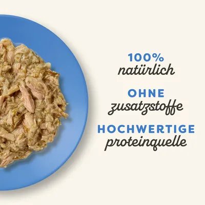 100% natürlich, ohne Zusatzstoffe, hochwertige Proteinquelle. Abgebildet ist eine Portion des Produkts auf einem blauen Teller.