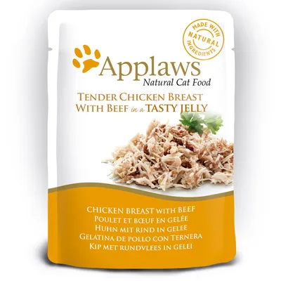 Applaws Natural Cat Food, Tender Chicken Breast With Beef in a Tasty Jelly. Made with natural ingredients. Chicken breast with beef -teksti useilla kielillä pakkauksessa.