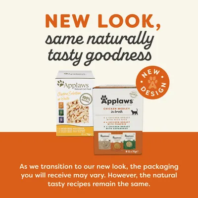 Applaws kattenvoer, nieuwe verpakking. Tekst: NEW LOOK, same naturally tasty goodness. NEW DESIGN. Chicken Selection in Broth, 100% natural, Chicken Medley in broth. Verpakking kan variëren.